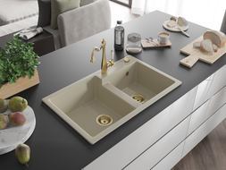 Mexen Tomas granite double-bowl sink with Carla kitchen faucet, beige - 6516-69-670700-50