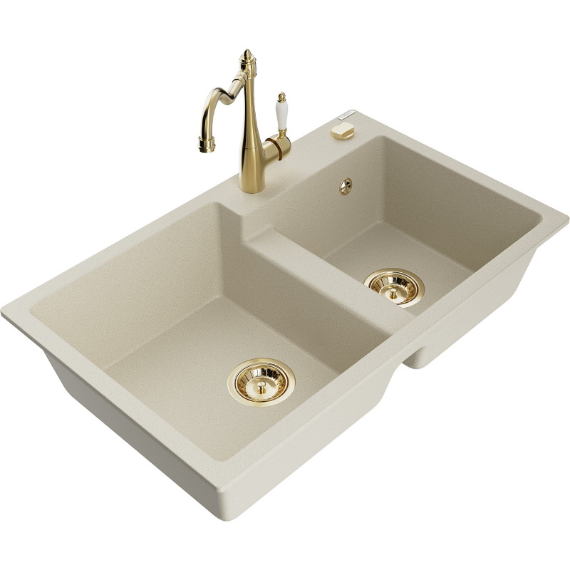 Mexen Tomas granite double-bowl sink with Carla kitchen faucet, beige - 6516-69-670700-50