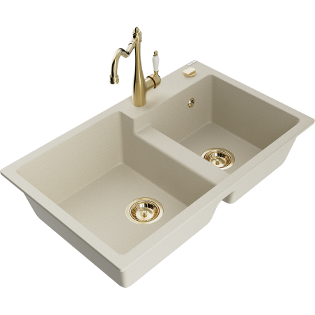 Mexen Tomas 2-compartment granite sink with Carla kitchen faucet, beige - 6516-69-670700-50