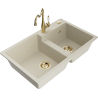 Mexen Tomas granite double-bowl sink with Carla kitchen faucet, beige - 6516-69-670700-50
