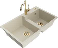 Mexen Tomas granite double-bowl sink with Carla kitchen faucet, beige - 6516-69-670700-50
