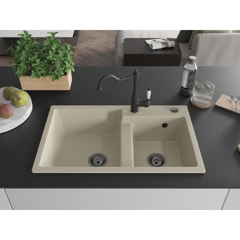 Mexen Tomas Granite Kitchen Sink 2-Bowl with Carla Kitchen Faucet, Beige - 6516-69-670700-70