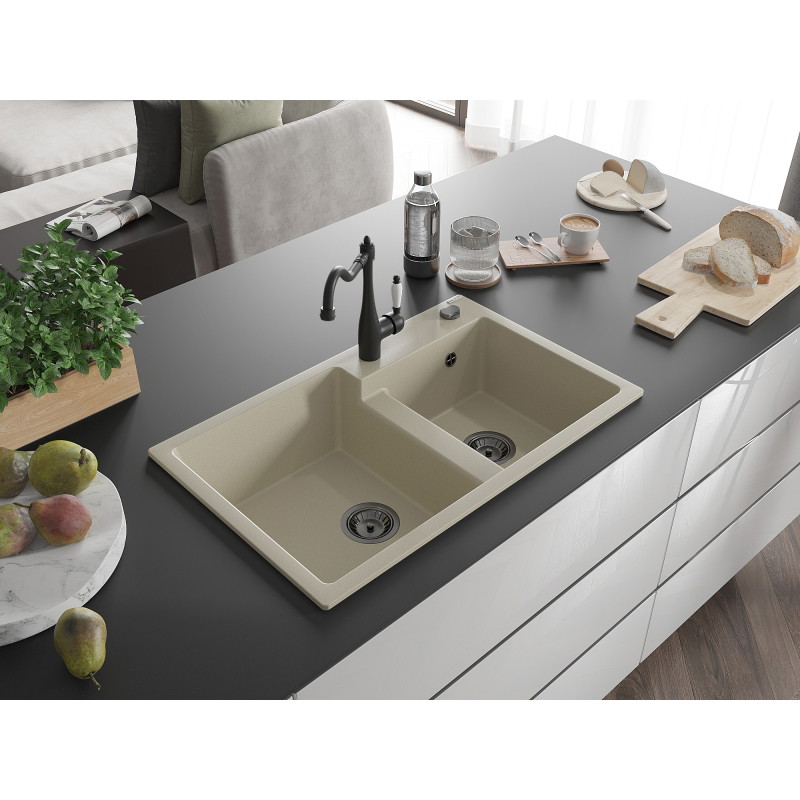 Mexen Tomas Granite Kitchen Sink 2-Bowl with Carla Kitchen Faucet, Beige - 6516-69-670700-70