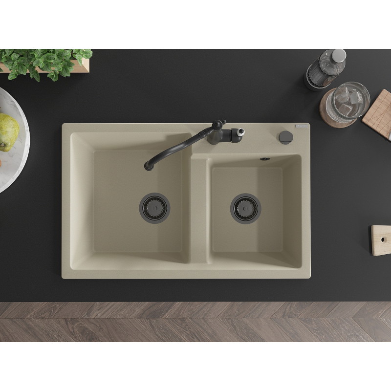 Mexen Tomas Granite Kitchen Sink 2-Bowl with Carla Kitchen Faucet, Beige - 6516-69-670700-70