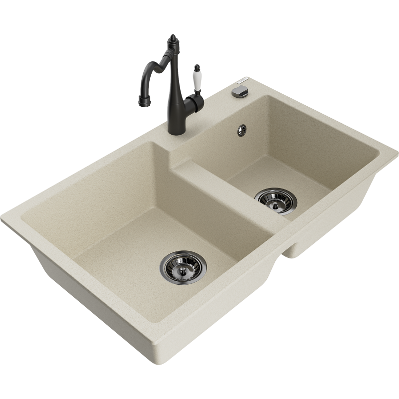 Mexen Tomas granite 2-bowl kitchen sink with Carla tap, beige - 6516-69-670700-70