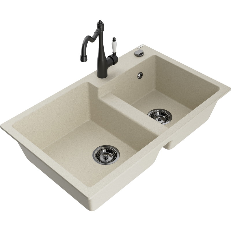 Mexen Tomas Granite Kitchen Sink 2-Bowl with Carla Kitchen Faucet, Beige - 6516-69-670700-70