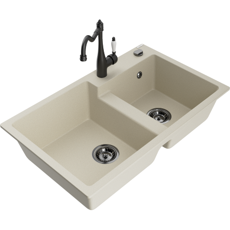 Mexen Tomas 2-Bowl Granite Sink with Carla Kitchen Faucet, Beige - 6516-69-670700-70