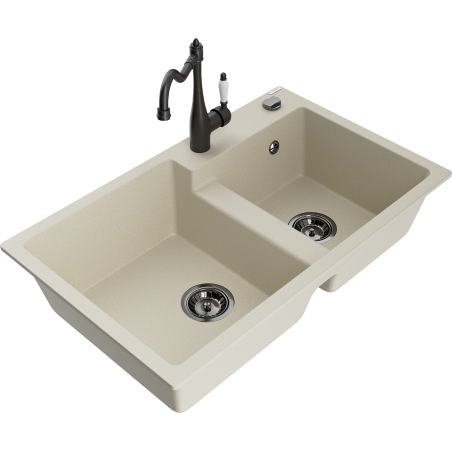 Mexen Tomas granite 2-bowl kitchen sink with Carla tap, beige - 6516-69-670700-70