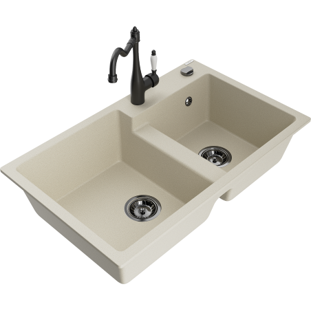 Mexen Tomas Granite Kitchen Sink 2-Bowl with Carla Kitchen Faucet, Beige - 6516-69-670700-70