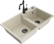Mexen Tomas Granite Kitchen Sink 2-Bowl with Carla Kitchen Faucet, Beige - 6516-69-670700-70