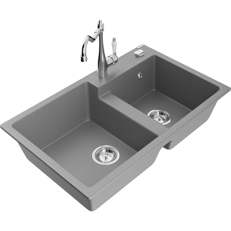 Mexen Tomas 2-chamber Granite Sink with Kitchen Faucet Carla, Gray - 6516-71-670700-00