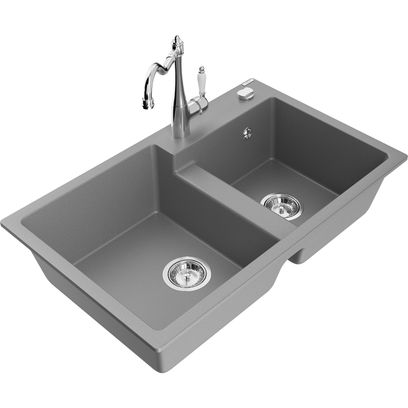Mexen Tomas 2-compartment granite sink with a kitchen mixer tap Carla, Grey - 6516-71-670700-00