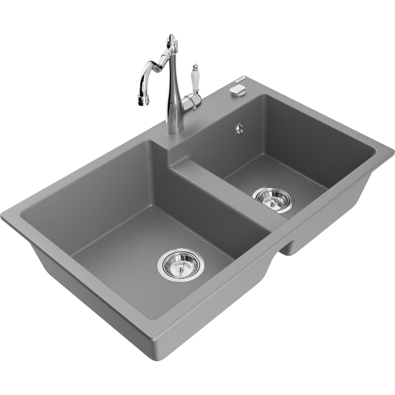 Mexen Tomas granite sink 2-chamber with Carla kitchen tap, grey - 6516-71-670700-00