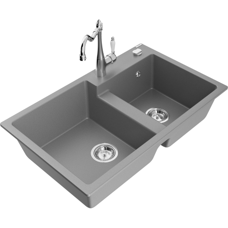 Mexen Tomas 2-compartment granite sink with a kitchen mixer tap Carla, Grey - 6516-71-670700-00