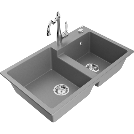 Mexen Tomas granite sink 2-chamber with Carla kitchen tap, grey - 6516-71-670700-00