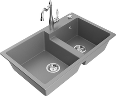 Mexen Tomas granite sink 2-chamber with Carla kitchen tap, grey - 6516-71-670700-00
