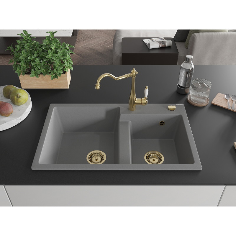 Mexen Tomas granite double-bowl sink with Carla kitchen faucet, gray - 6516-71-670700-50
