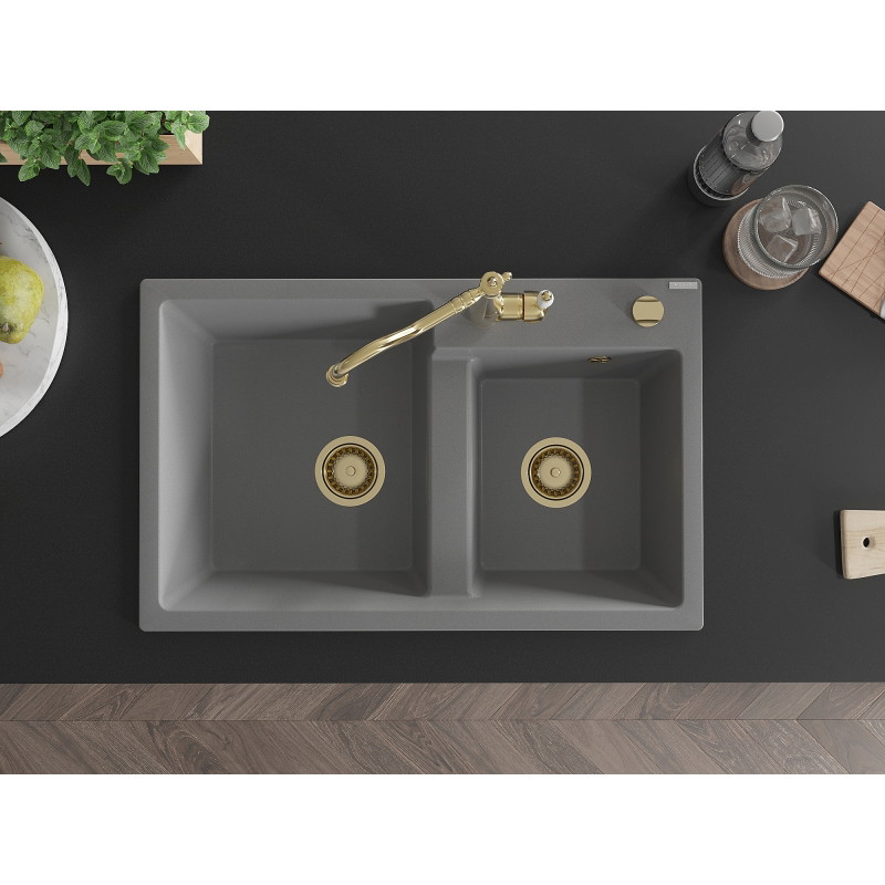 Mexen Tomas granite double-bowl sink with Carla kitchen faucet, gray - 6516-71-670700-50