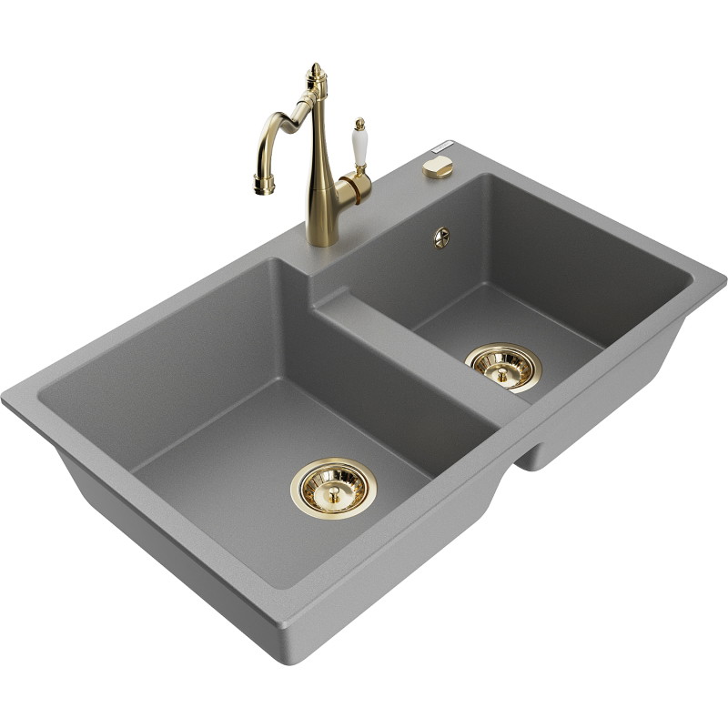 Mexen Tomas 2-bowl granite kitchen sink with tap Carla, gray - 6516-71-670700-50