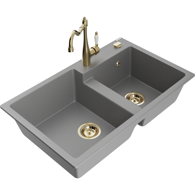 Mexen Tomas 2-compartment granite sink with a kitchen mixer tap Carla, Grey - 6516-71-670700-50