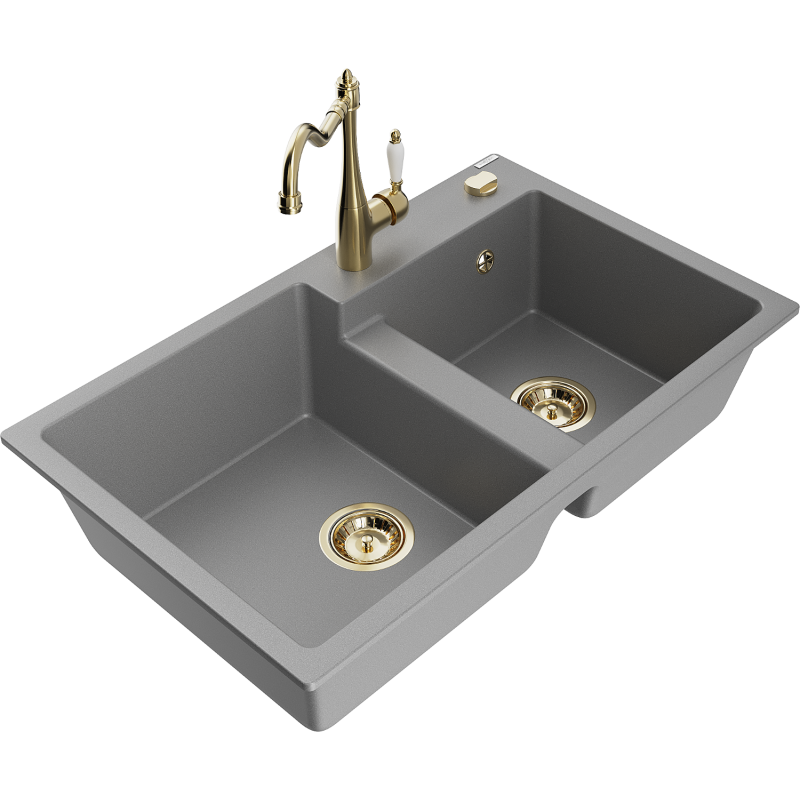 Mexen Tomas granite sink 2-chamber with Carla kitchen tap, grey - 6516-71-670700-50