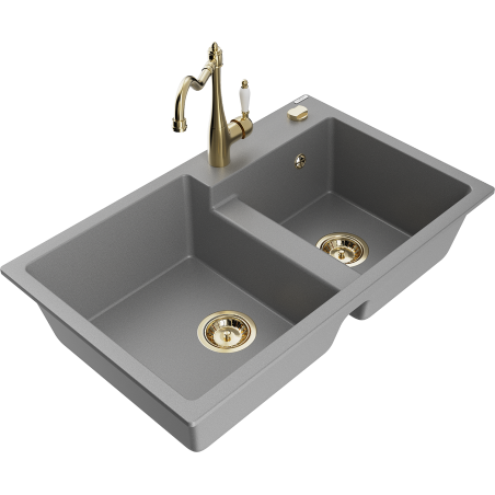 Mexen Tomas granite double-bowl sink with Carla kitchen faucet, gray - 6516-71-670700-50