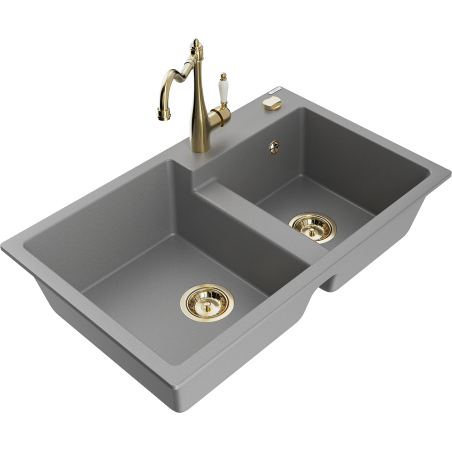 Mexen Tomas granite sink 2-chamber with Carla kitchen tap, grey - 6516-71-670700-50
