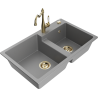 Mexen Tomas granite double-bowl sink with Carla kitchen faucet, gray - 6516-71-670700-50