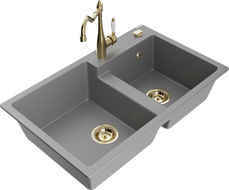 Mexen Tomas granite sink 2-chamber with Carla kitchen tap, grey - 6516-71-670700-50