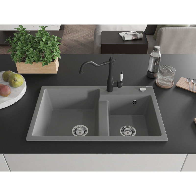 Mexen Tomas 2-bowl granite sink with kitchen faucet Carla, gray - 6516-71-670700-70