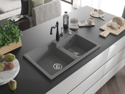 Mexen Tomas Carla gray granite 2-bowl kitchen sink with faucet - 6516-71-670700-70
