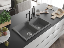 Mexen Tomas granite sink 2-chamber with Carla kitchen tap, grey - 6516-71-670700-70