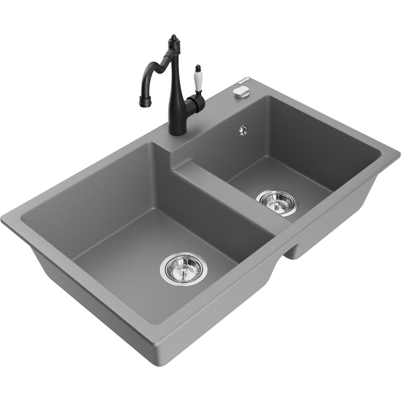 Mexen Tomas 2-bowl granite sink with kitchen faucet Carla, gray - 6516-71-670700-70