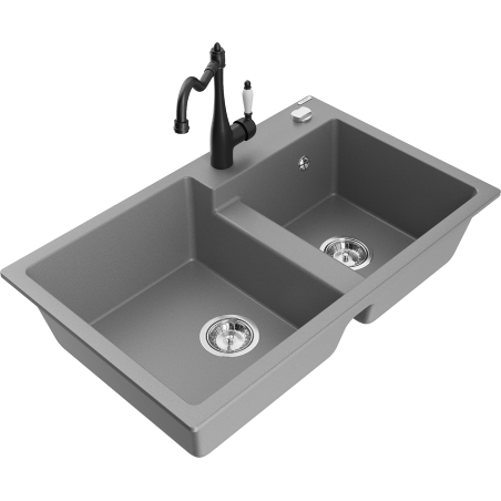 Mexen Tomas 2-bowl granite sink with kitchen faucet Carla, gray - 6516-71-670700-70