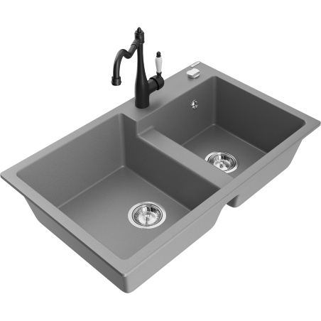 Mexen Tomas granite sink 2-chamber with Carla kitchen tap, grey - 6516-71-670700-70