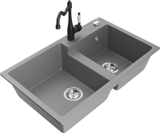Mexen Tomas granite sink 2-chamber with Carla kitchen tap, grey - 6516-71-670700-70