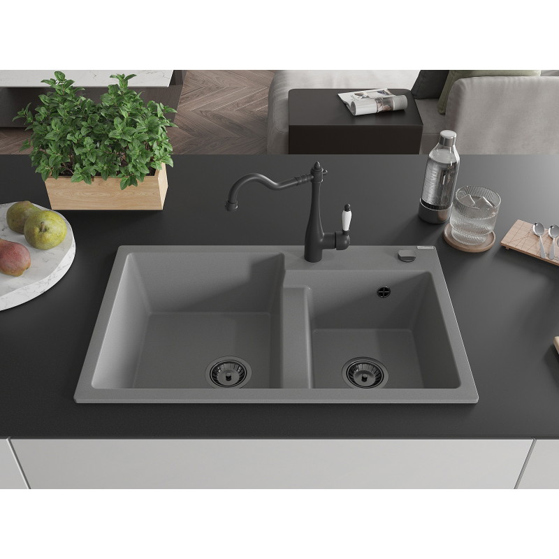 Mexen Tomas granite double-bowl sink with Carla kitchen faucet, gray - 6516-71-670700-70-B