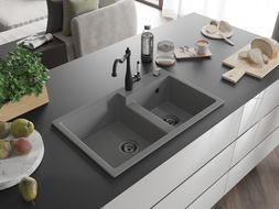 Mexen Tomas granite sink 2-bowl with Carla kitchen tap, grey - 6516-71-670700-70-B