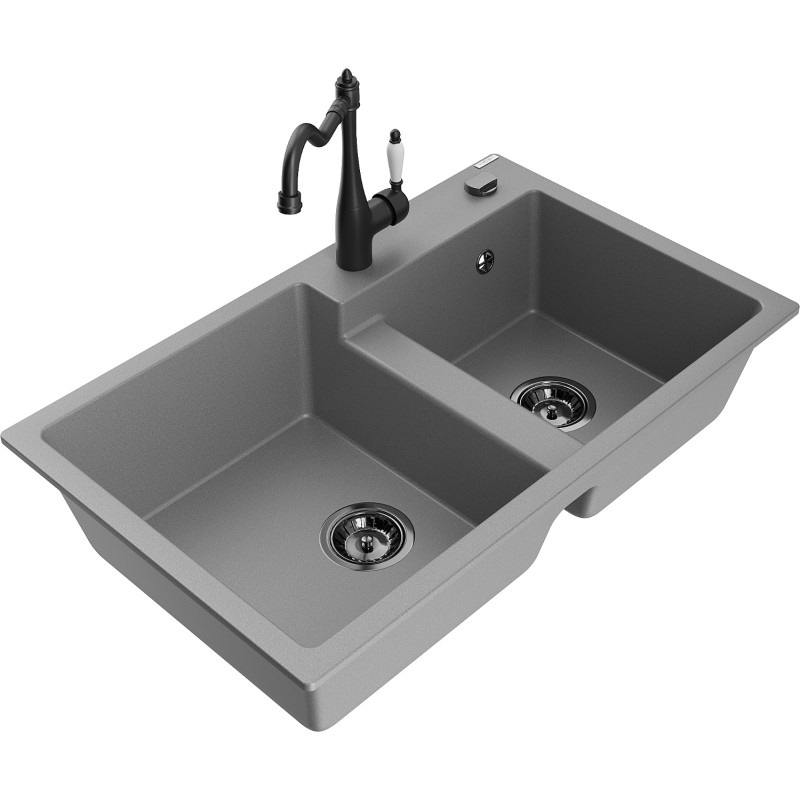 Mexen Tomas granite double-bowl sink with Carla kitchen faucet, gray - 6516-71-670700-70-B