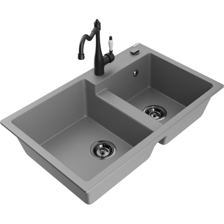 Mexen Tomas granite kitchen sink 2-chamber with Carla kitchen faucet, gray - 6516-71-670700-70-B