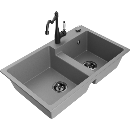Mexen Tomas granite sink 2-bowl with Carla kitchen tap, grey - 6516-71-670700-70-B