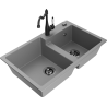 Mexen Tomas granite sink 2-bowl with Carla kitchen tap, grey - 6516-71-670700-70-B