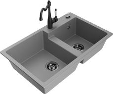Mexen Tomas granite sink 2-bowl with Carla kitchen tap, grey - 6516-71-670700-70-B