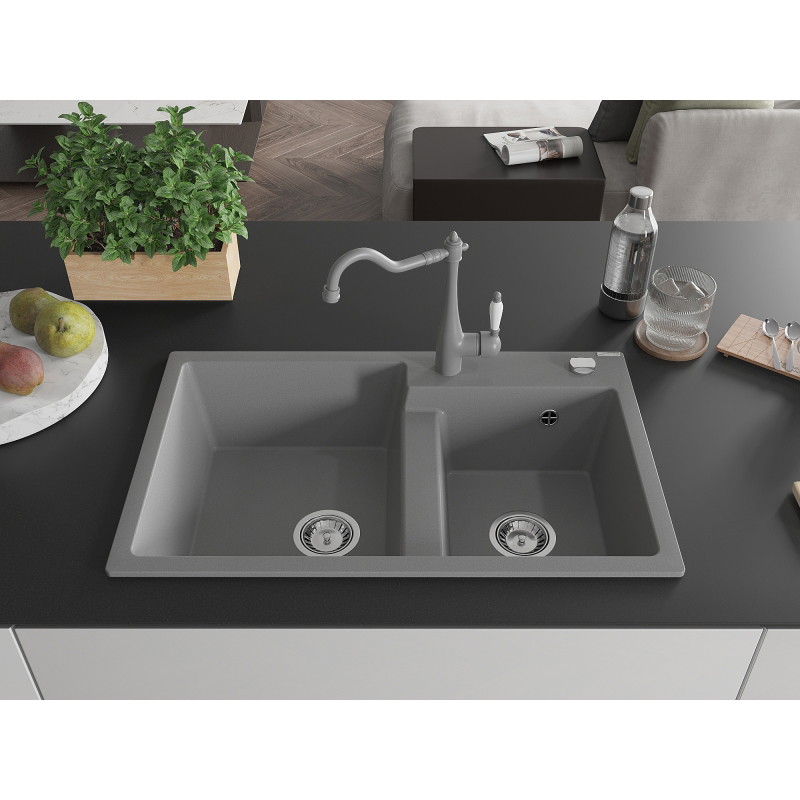 Mexen Tomas granite 2-bowl kitchen sink with Carla kitchen faucet, gray - 6516-71-670700-71