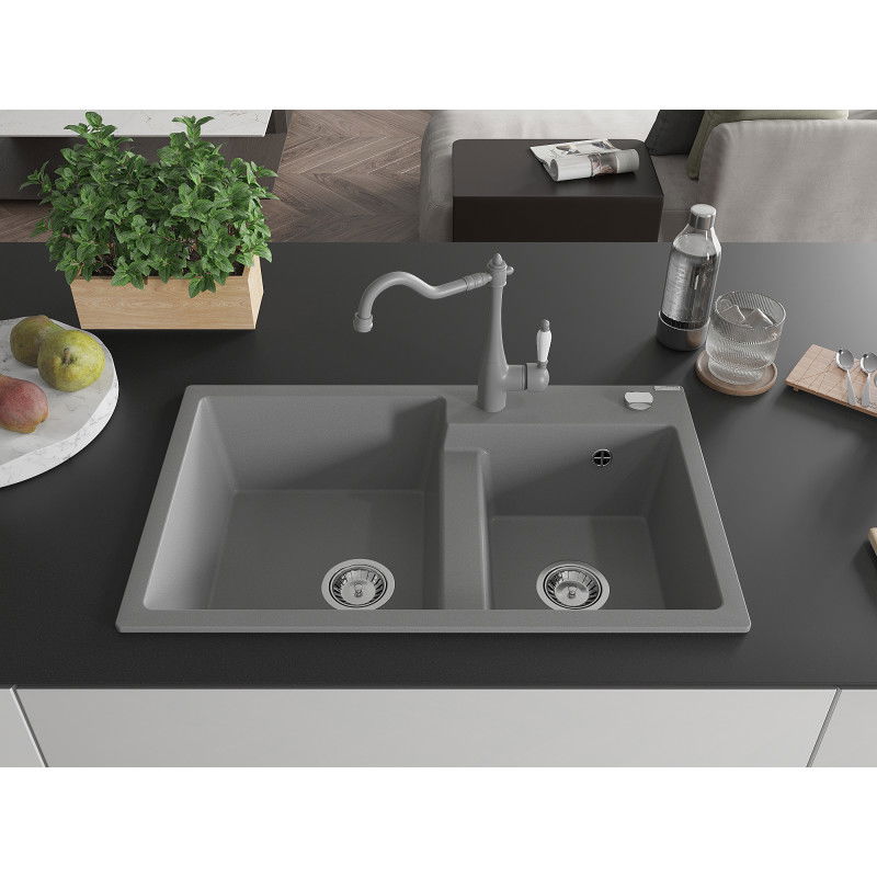 Mexen Tomas granite sink double-bowl with kitchen tap Carla, grey - 6516-71-670700-71