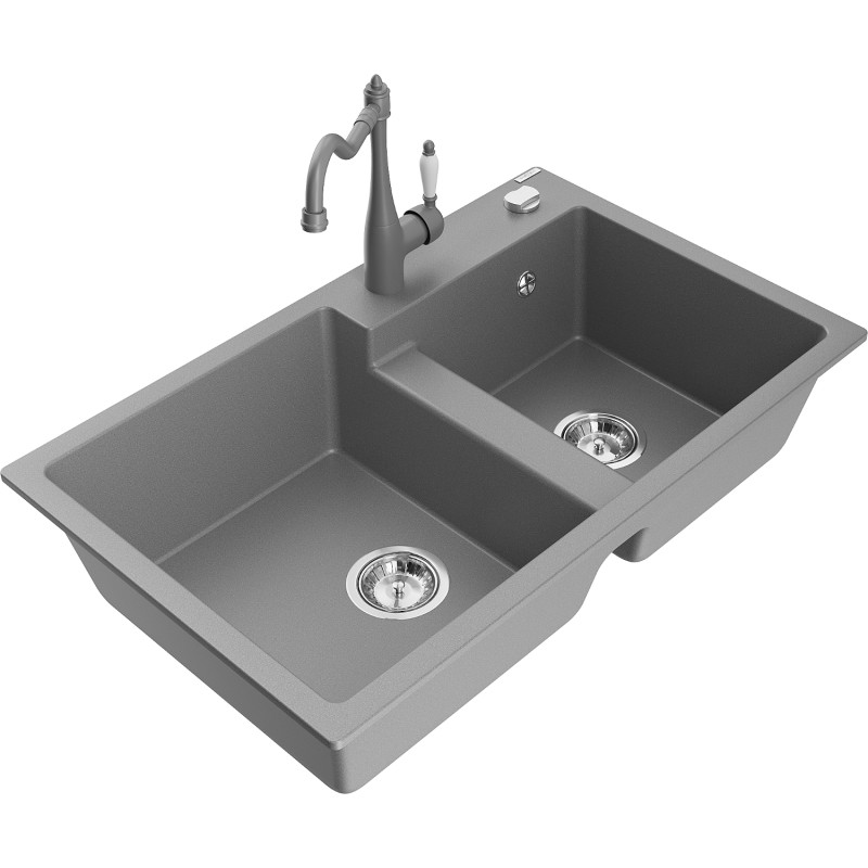 Mexen Tomas granit sink 2-bowl with kitchen faucet Carla, gray - 6516-71-670700-71