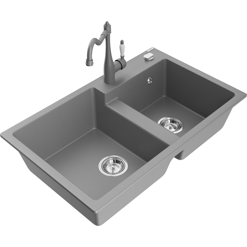 Mexen Tomas granite sink double-bowl with kitchen tap Carla, grey - 6516-71-670700-71