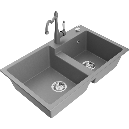 Mexen Tomas granit sink 2-bowl with kitchen faucet Carla, gray - 6516-71-670700-71