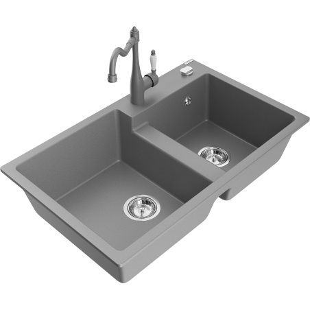 Mexen Tomas granite 2-bowl kitchen sink with Carla kitchen faucet, gray - 6516-71-670700-71