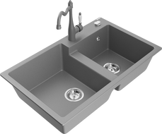 Mexen Tomas granite 2-bowl kitchen sink with Carla kitchen faucet, gray - 6516-71-670700-71